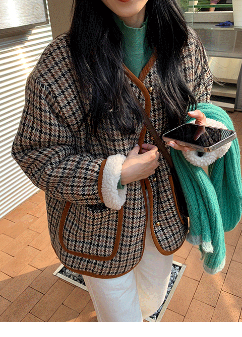 쿠드 노카라 뽀글이 양털 클래식 체크 자켓