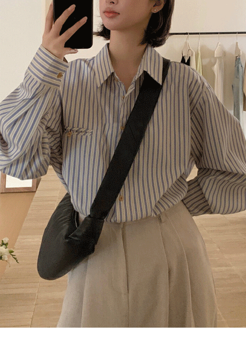 페토 봄 신상 루즈핏 배색 스트라이프 셔츠